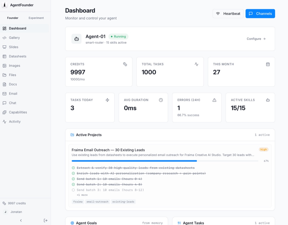 AgentFounder — AI agent dashboard, built by Fraima