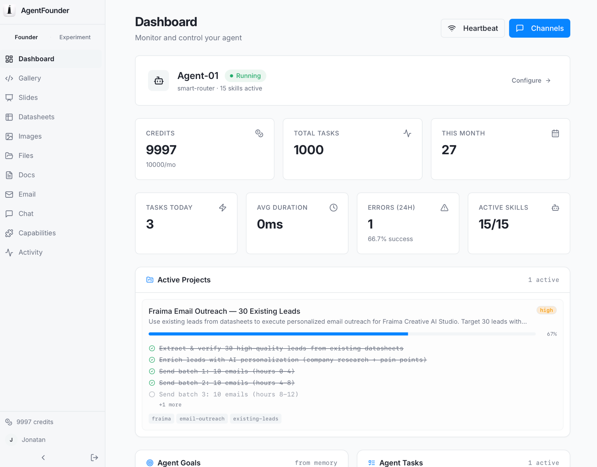 AgentFounder — AI agent dashboard